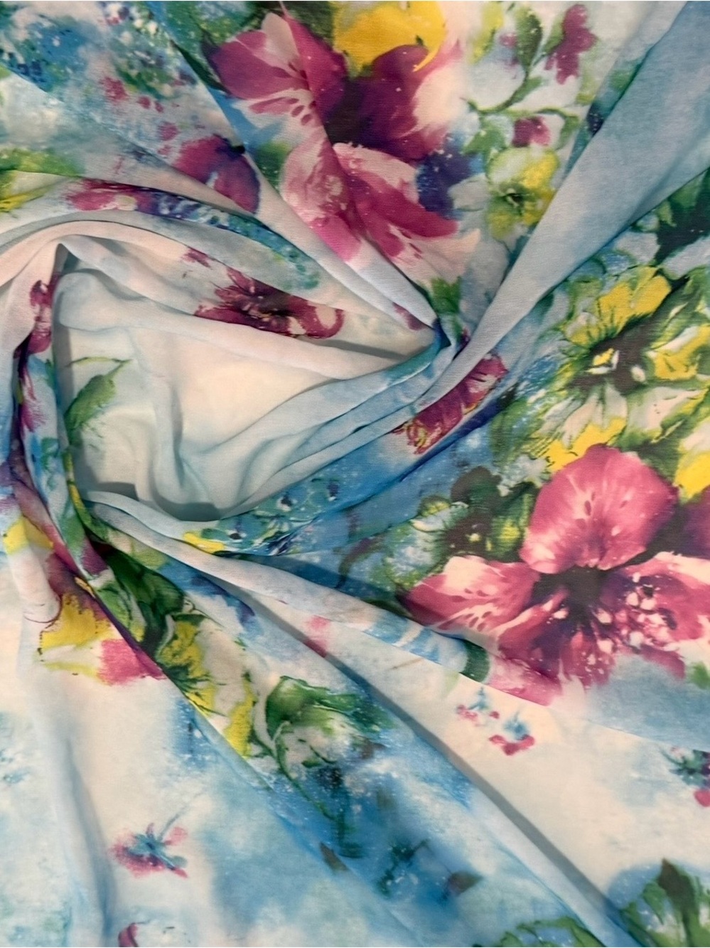 Floral Lightweight Chiffon Sheer Multicolor Floral Fabric in Pink and Blue